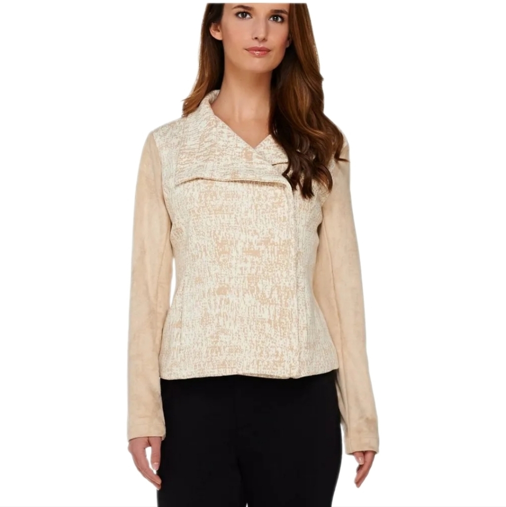 H Halston cotton blend cream beige knit faux suede side zip sweater jacket 18w